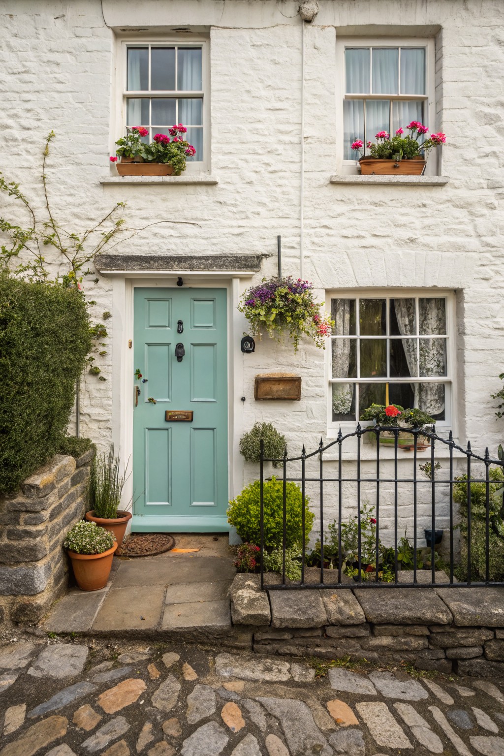 Whitewashed stone cottage exterior with teal paneled front door, flower boxes on windows, hanging baskets, potted plants along the path, and black wrought iron fence on stone paving.