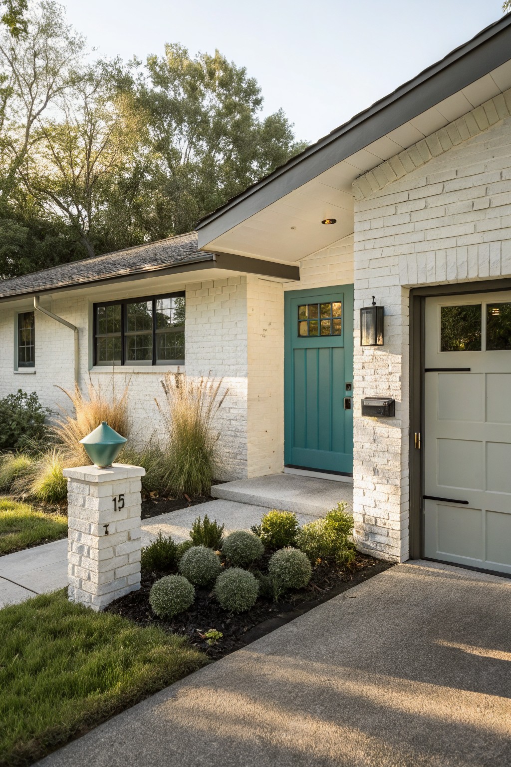 Teal Front Door on White Brick House