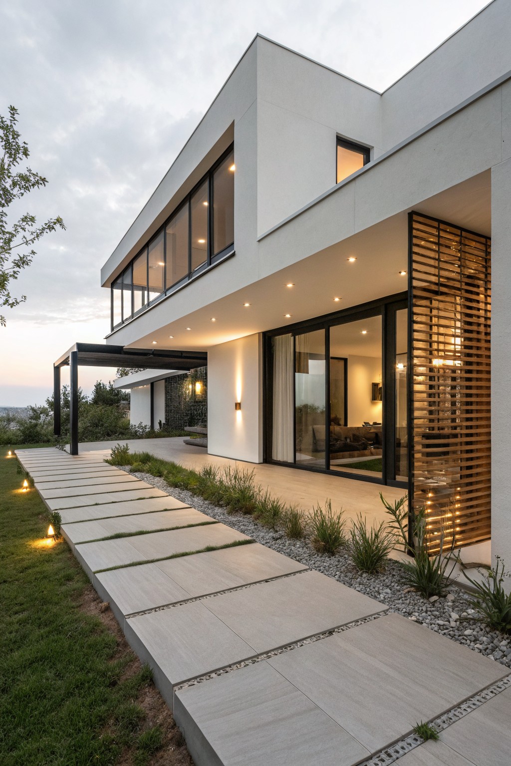 Modern white two-story house exterior at dusk with black-framed large windows, vertical wood slat screen beside sliding glass doors, black steel pergola, and illuminated gray stone pathway through landscaped yard.