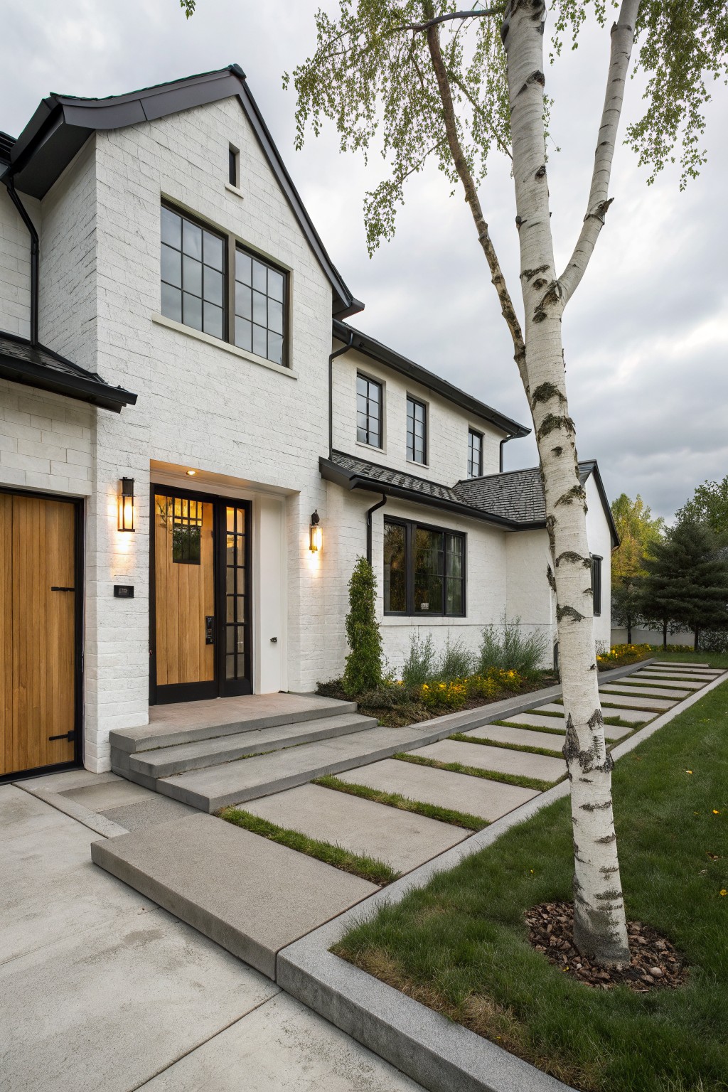 White brick house exterior with black metal roof and trim, black-framed windows, wooden garage door and entry door, concrete steps and pathway with grass strips, birch tree, plants, and yellow flowers in front yard under cloudy sky.