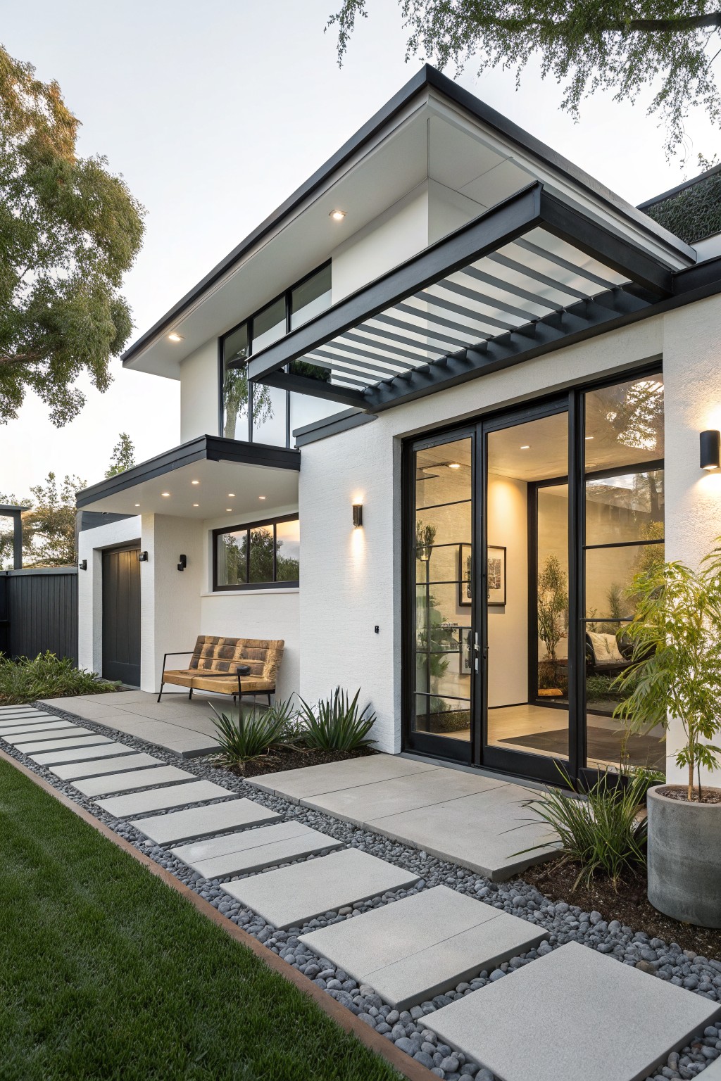 Modern two-story white stucco house exterior with black metal-framed windows and large sliding glass entry doors, a wooden bench nearby, stone paver pathway leading to the entrance, and low plants along the edges.