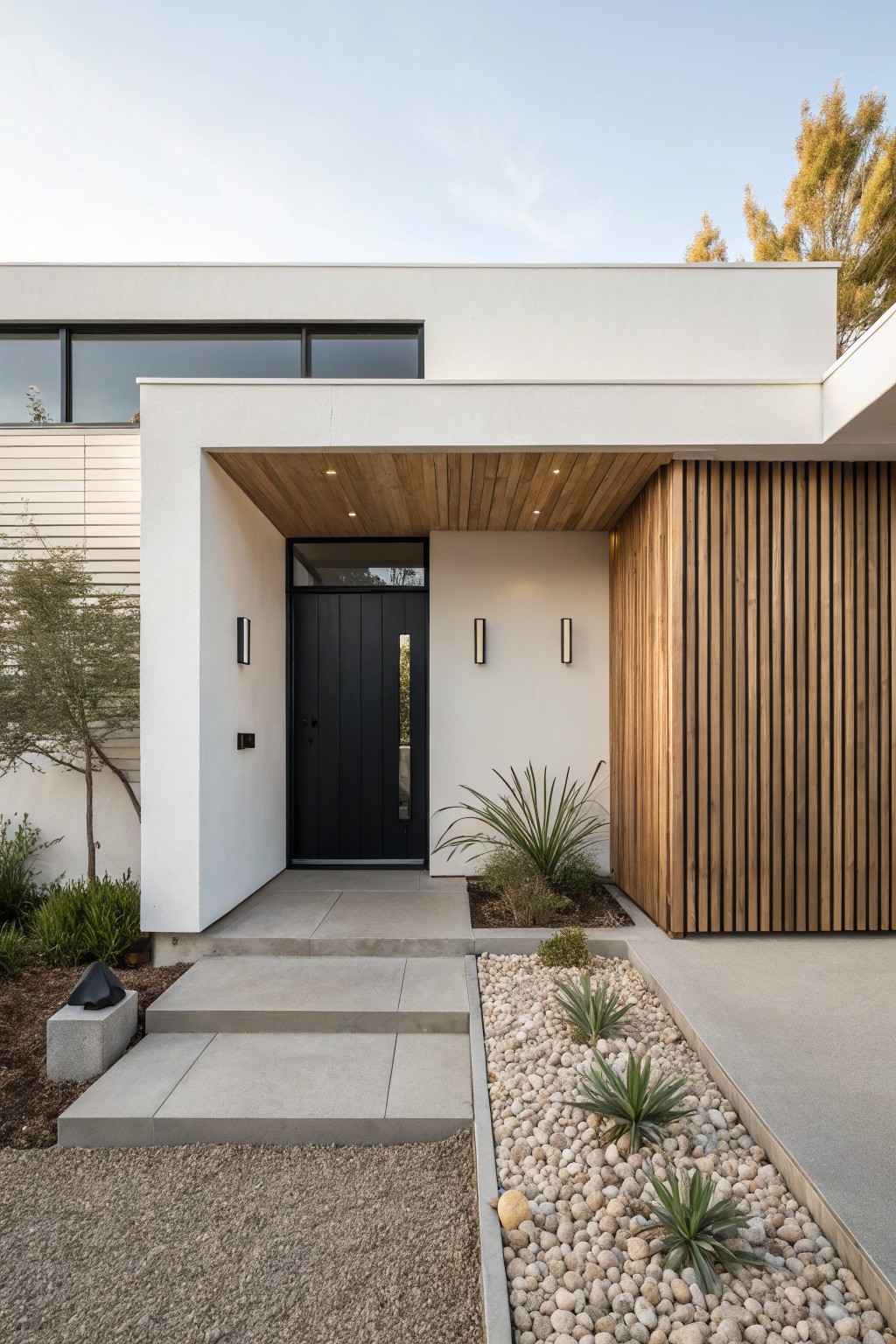Modern white stucco house exterior featuring a covered entry with vertical wood cladding, wood ceiling, black front door, concrete steps, and gravel garden bed with agave plants.