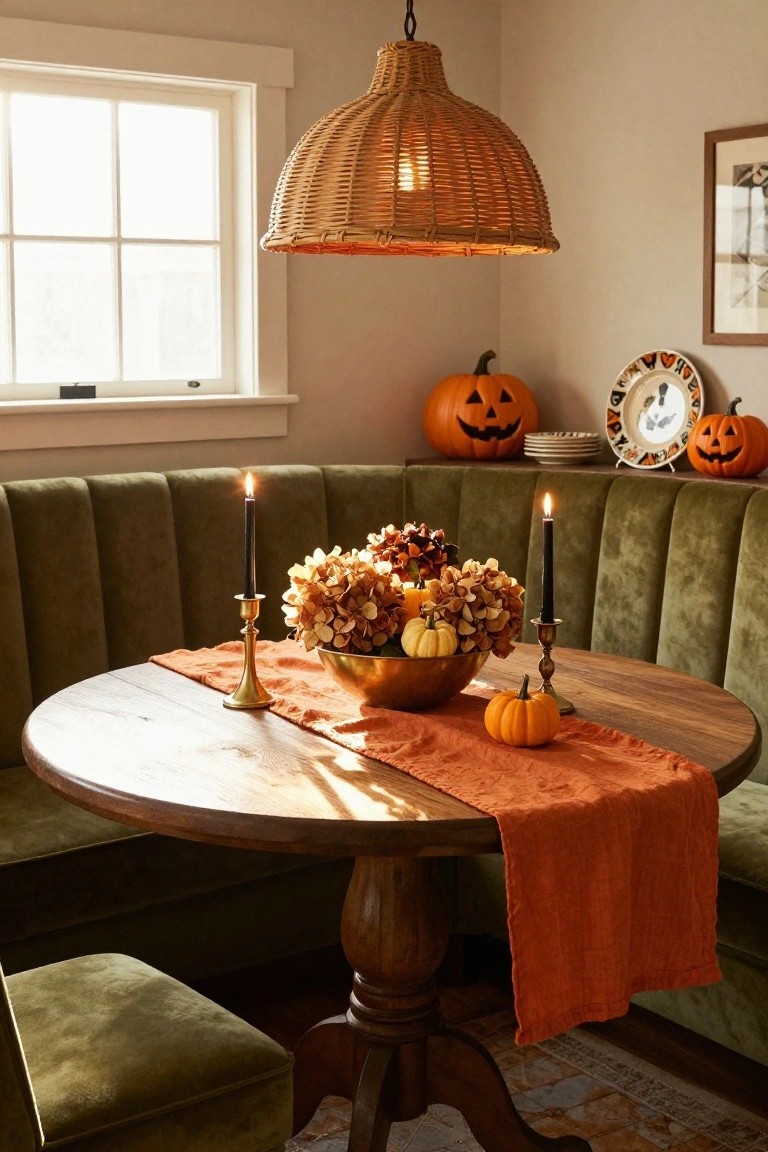 Corner of a room with wooden bookshelves filled with colorful books, green tufted armchair with patterned pillow, small round side table topped with a book and carved pumpkin, tall floor lamp, potted grass, vase, and Halloween decorations including pumpkins and black silhouette.