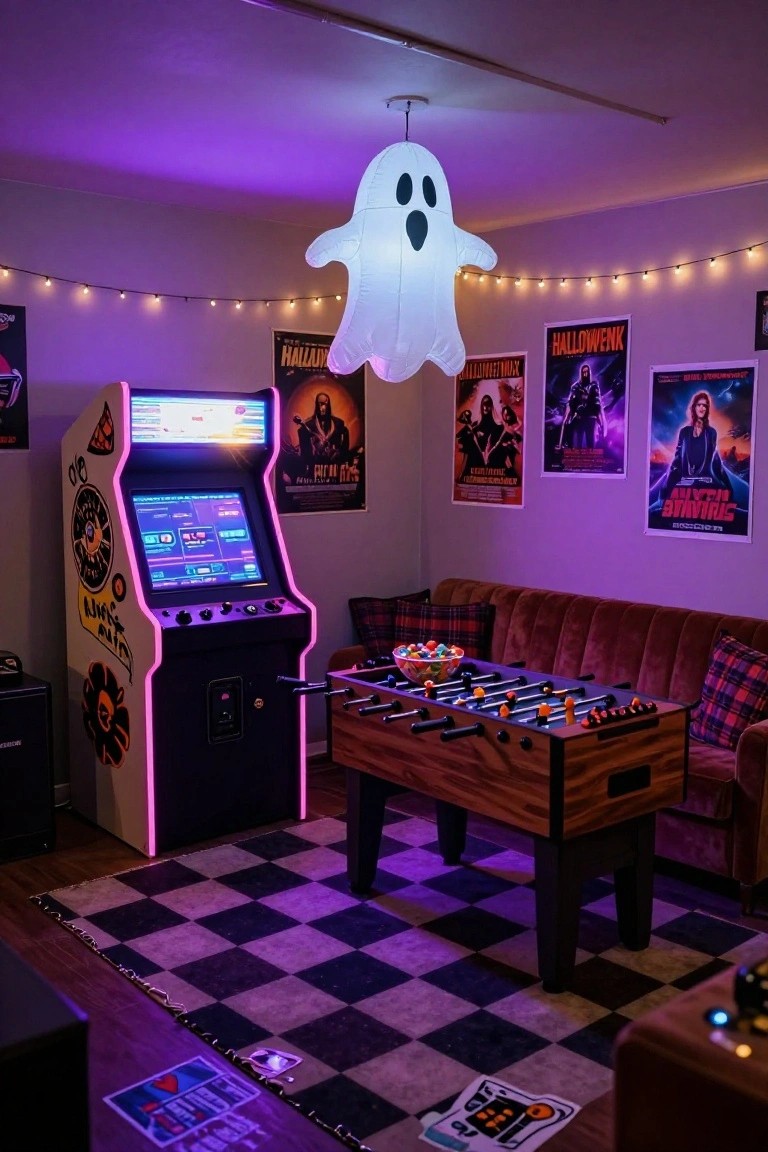 White cube shelving unit filled with Halloween board games, toy cars, blocks, and orange pumpkins in a cozy indoor play corner with a plush yellow crescent moon, retro boombox, teepee tent, and bat decorations on walls.