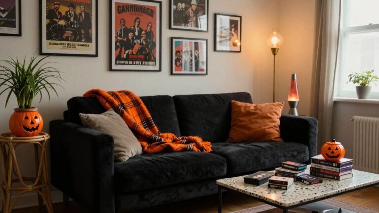 Living room interior with teal velvet sofa, wooden coffee table topped with bowls of colorful round candies, stacked magazines, books, and DVDs, orange lava lamp on side table, black ceramic cat statue, string lights on bookshelf, and assorted posters and plants.