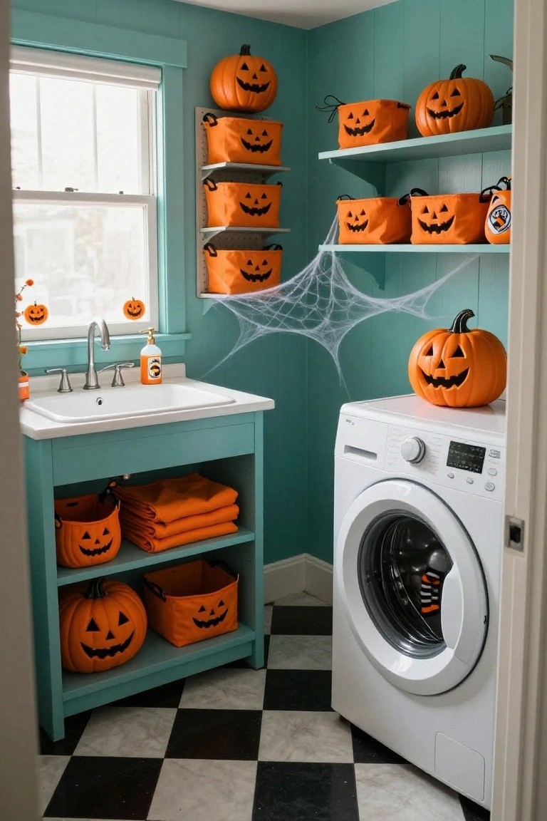 Dimly lit basement room with exposed brick walls, orange paper lanterns hanging from ceiling, large glowing yellow crescent moon on wall, neon purple moon sign on black cabinet with wheels, gray velvet sofa, checkered pouf, Halloween-themed arcade machine, glass popcorn display case with pumpkin, and shelves of VHS tapes and books.