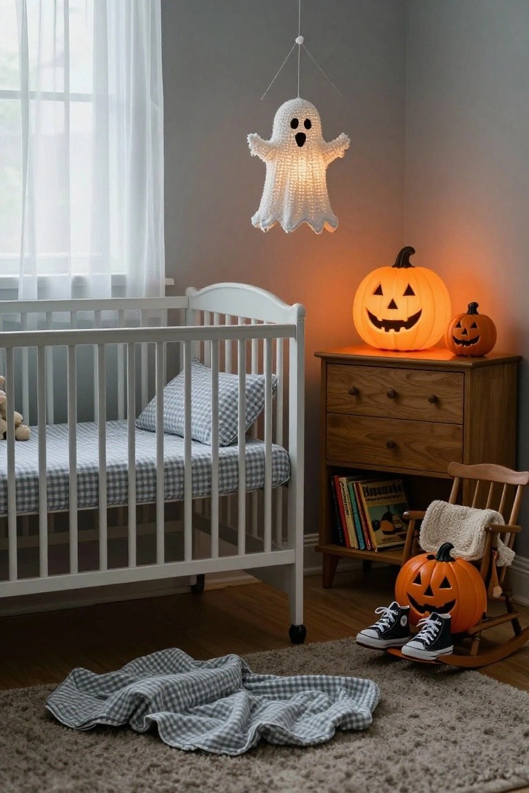 Laundry room with two white front-loading washers, open shelves stocked with colorful cereal boxes, pumpkins, candy jars, black bandanas on a clothesline, orange string lights, utensils on a pegboard, and a broom leaning nearby.