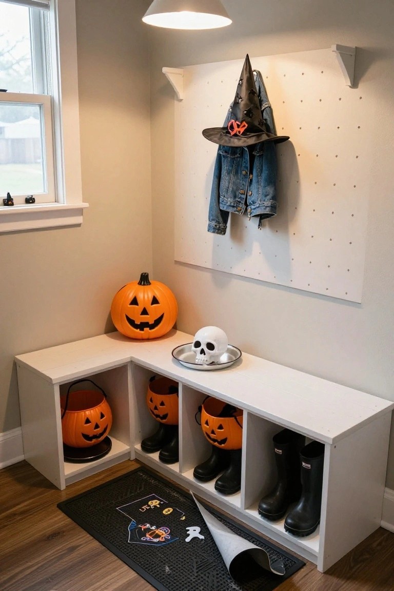 Wooden bar counter with exposed brick wall backdrop, neon glowing crescent moon sign, shelves of assorted liquor bottles, orange pumpkin string lights, vintage record player, metal stools, and bowl of colorful wrapped candies.