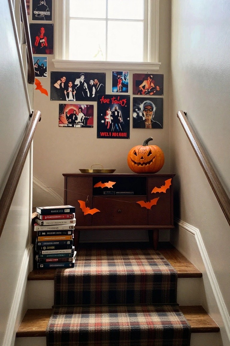 Black metal shelving unit in a room corner displaying glass jars of assorted colorful candies labeled Drinks, Crak, and Decs, with Halloween pumpkins, a faucet sink setup, and string lights.