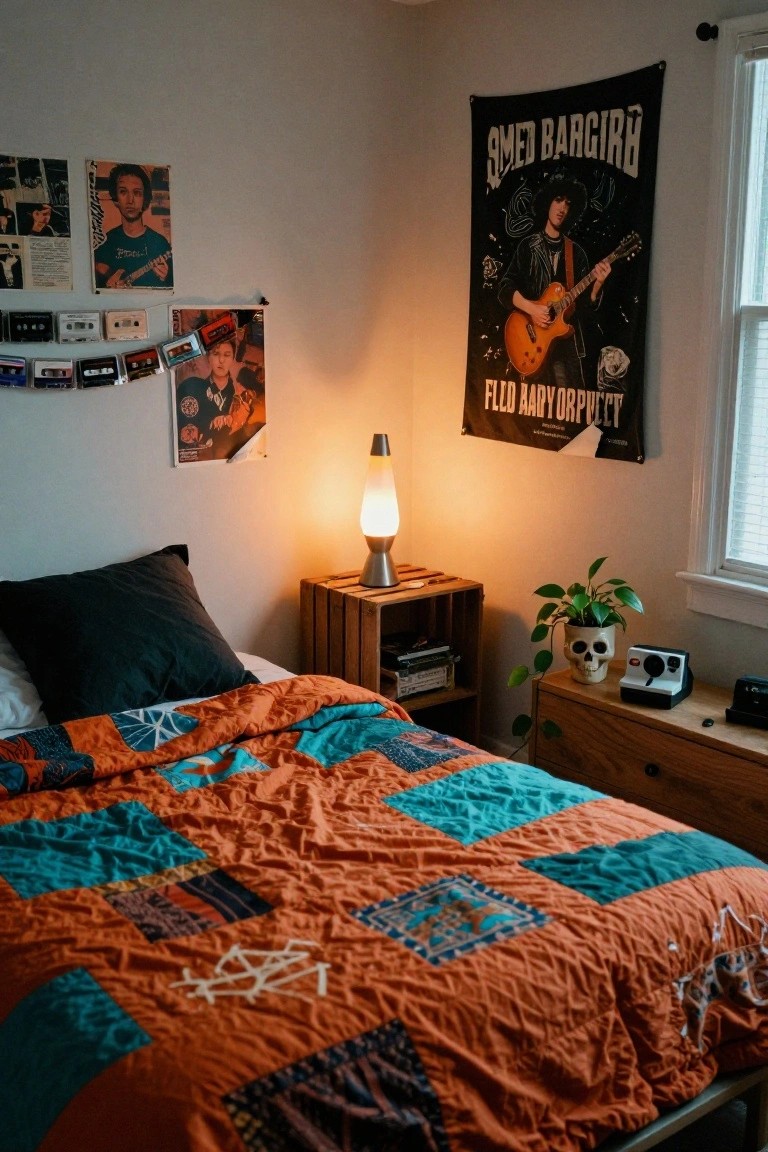 Bedroom with purple velvet duvet and pillows on a bed, vintage CRT TV on wooden nightstand, stack of VHS tapes on arched shelf, candles, mirror, framed portrait, string lights, and jack-o-lantern on floor.
