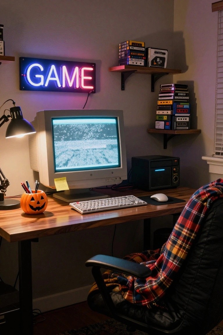 Corner home office desk with wooden surfaces, black CRT monitor, stacked colorful cassette tapes, Halloween decorations including ghost figure, bats, and pumpkins, lava lamp, corkboard with polaroids, and black leather chair with spiderweb pattern on wooden floor with rug.