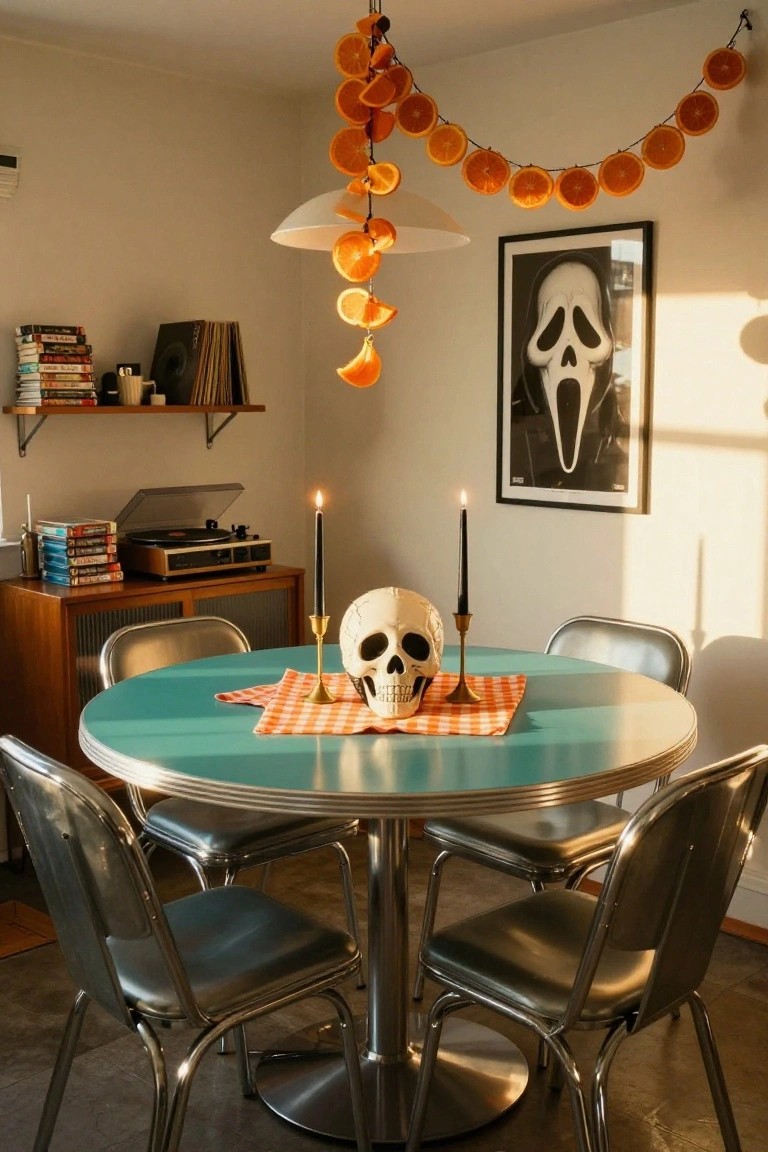 Kitchen with black and white checkered tile floor, dark cabinets, open shelves holding retro Halloween cereal boxes, pumpkins, board games, VHS tapes, a small round marble-topped pedestal table set with orange plates and Halloween utensils, pendant light, and window garland of moons and bats.