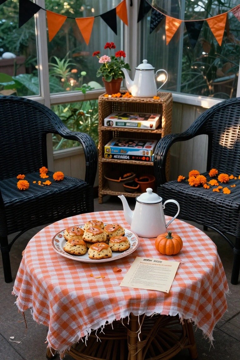 Pegboard wall in an indoor utility room displaying a black witch hat, cassette tape-shaped basket, orange pumpkin pouch, keys, towels, black and orange cloths, with an ironing board holding stacked towels, bat curtains, clock, and lantern nearby.