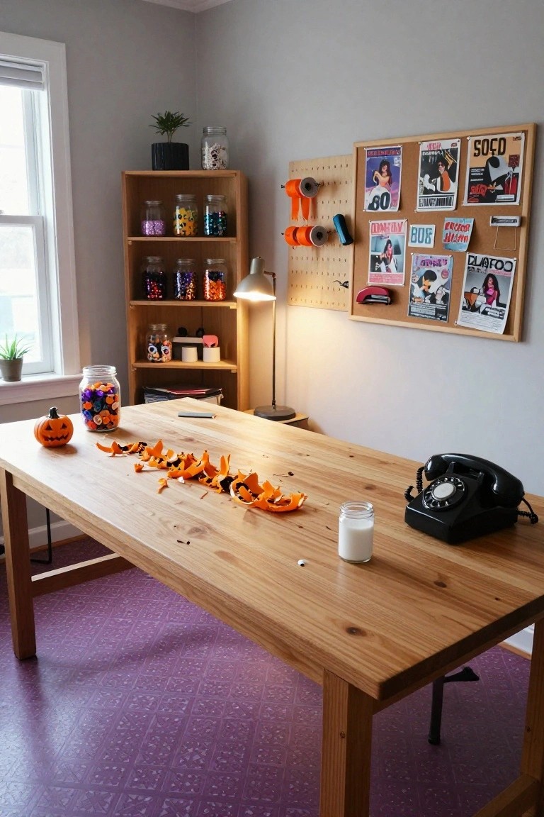 A retro kitchen with turquoise lower cabinets, white countertop bar island, four chrome swivel stools, Halloween-themed mugs, orange placemats, toaster, and pumpkin decor.