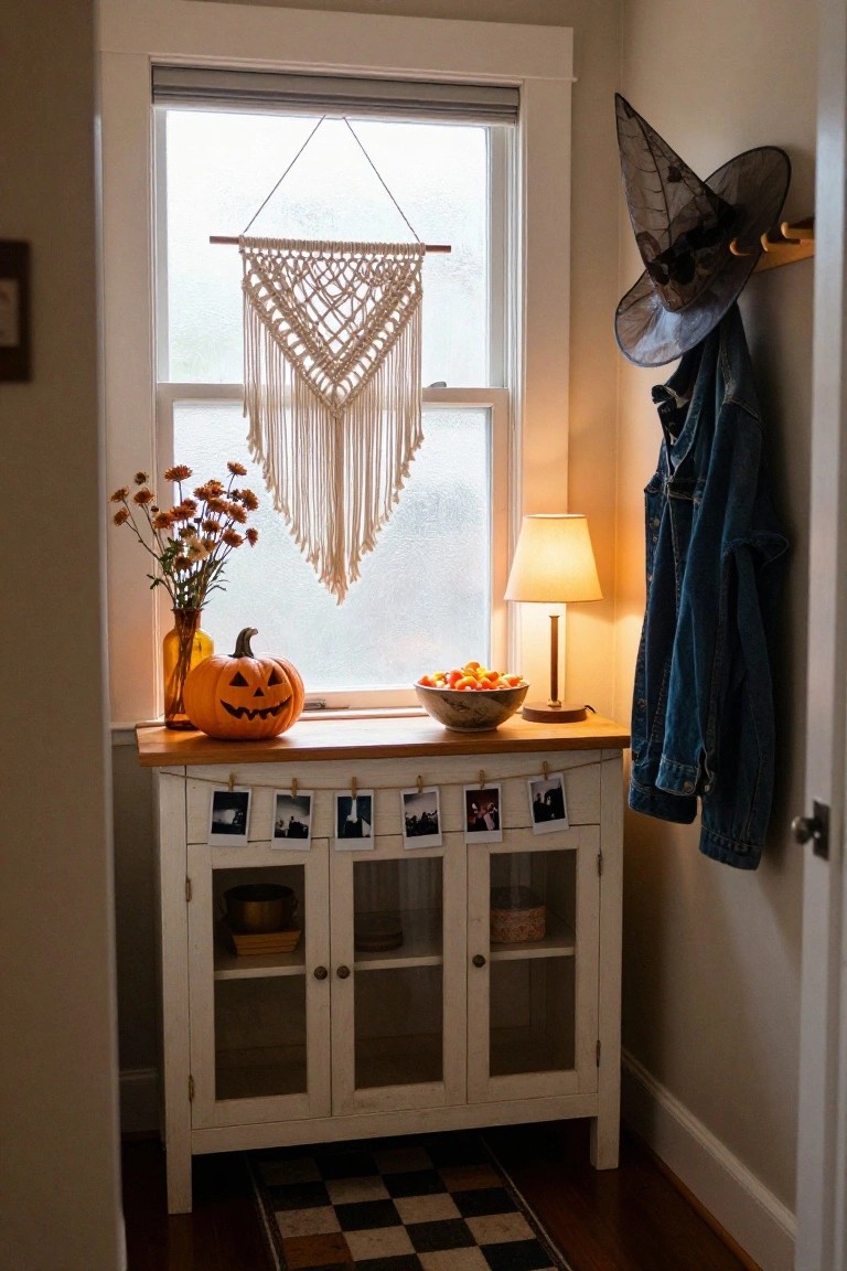 Rustic wooden console table in a light gray entryway holding a black rotary phone, candy bowl, and orange Halloween lanterns, with string lanterns around a round mirror and Halloween posters on walls.