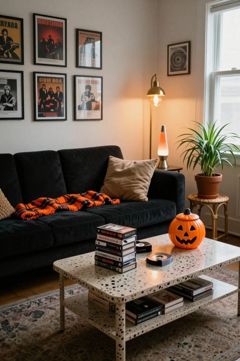 Living room interior with teal velvet sofa, wooden coffee table topped with bowls of colorful round candies, stacked magazines, books, and DVDs, orange lava lamp on side table, black ceramic cat statue, string lights on bookshelf, and assorted posters and plants.