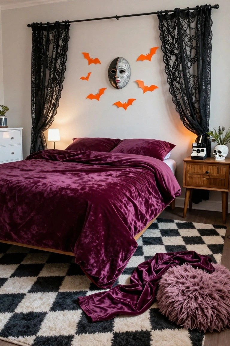 A bedroom with a rattan bed frame covered in purple velvet bedding with black lace patterns, purple and black pillows, small pumpkins on nightstands, a neon 