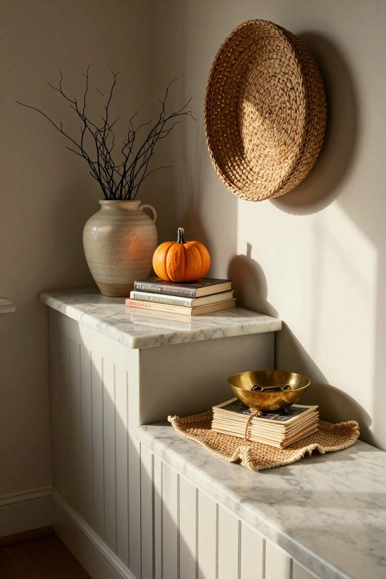 Built-in alcove with upper shelves holding books and a wicker basket, draped linen rod, small wooden rocking chair with knitted black pumpkin cushion, and round wooden side table with stacked books and glowing white jack-o-lantern lamp.