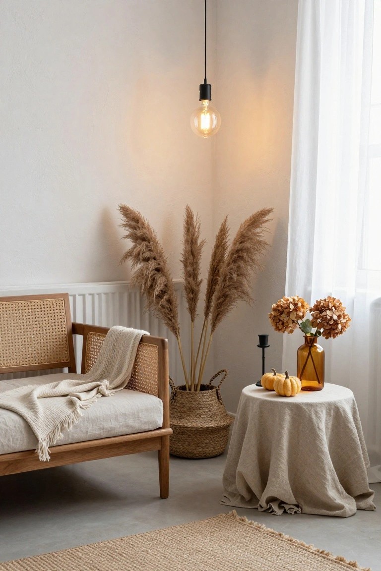 Wooden dining table set for a meal with black plates, linen napkins, amber textured glass goblets, small pumpkins, moss, candles, and eucalyptus greenery, surrounded by wooden chairs in a light-filled room.