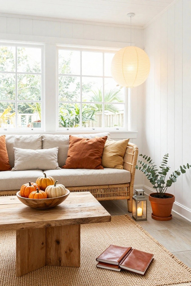 A warmly lit living room with wooden bookshelves filled with books, a gas fireplace with flames, beige sofas, a wooden coffee table holding board games and black pumpkins, candles on shelves and mantel, and Halloween figurines.