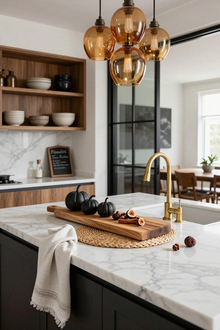 Oval walnut dining table in a light-colored room, centered with white pumpkins and black candles in gold candelabras, surrounded by four beige upholstered chairs, next to a matching sideboard and sliding glass doors to a backyard.
