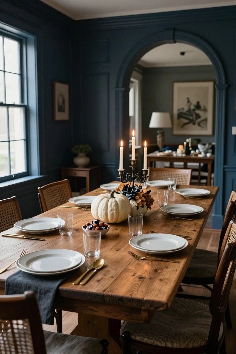 Corner entryway with wooden bench holding stacked white pumpkins and black crow, round gold mirror on wall, pampas grass stems, brass bell on seagrass tray, and wall sconce.