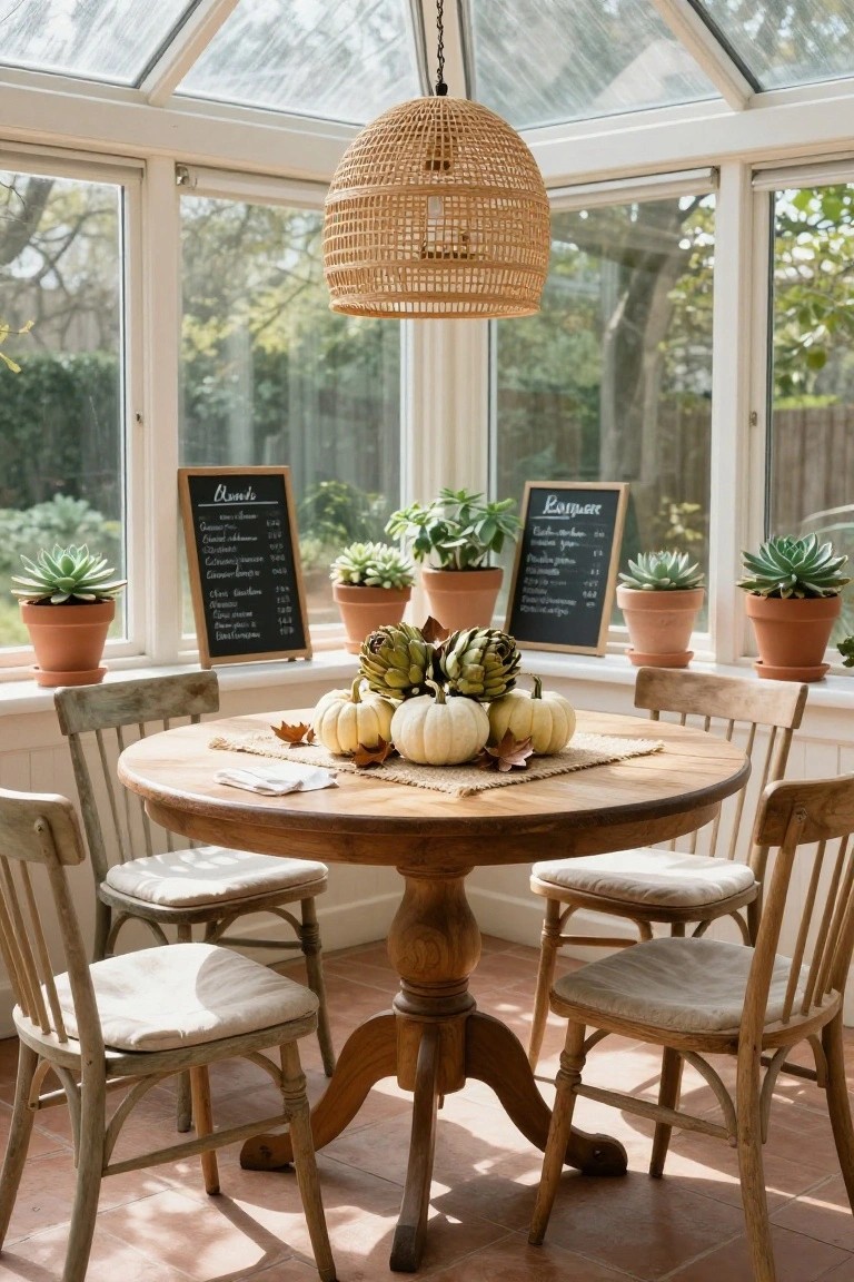 Rattan round mirror on white wall above black fluted cabinet holding orange pumpkin, glass-domed white candle, and draped beige scarf, with gray vase and branch on terrazzo floor.