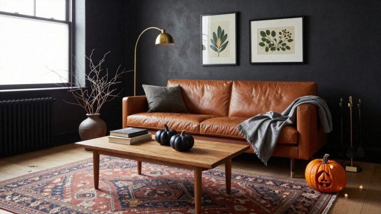 A living room with a black velvet sofa, black fireplace mantel holding stacked white pumpkins, black hydrangeas in a vase, lit candles, and a leather document holder nearby.