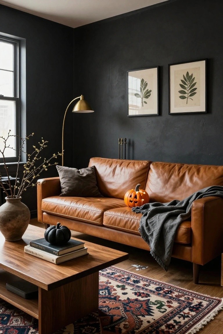 A living room with a black velvet sofa, black fireplace mantel holding stacked white pumpkins, black hydrangeas in a vase, lit candles, and a leather document holder nearby.