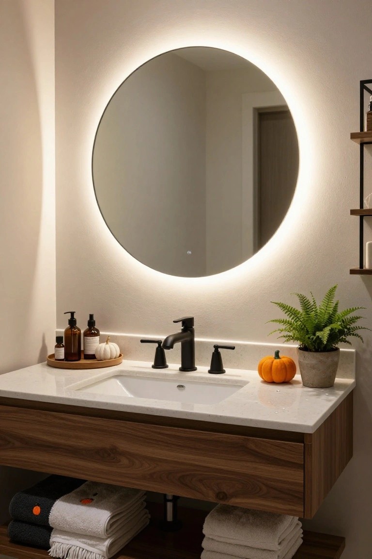 Black ladder shelf in room corner displaying white, orange, and gray painted pumpkins of various sizes, a glass-shade lamp, gold candlestick, potted olive tree, wooden chair with cream blanket, and patterned rug on wood floor near large windows.
