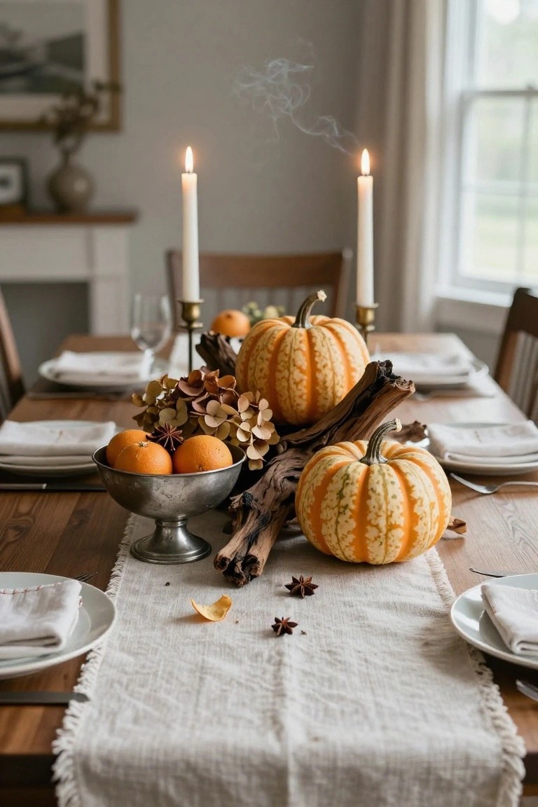 Marble bar counter with small white pumpkins on a platter, two black cocktail shakers, leather bar stools, shelves holding crystal wine glasses, and orange garlands draped around a lighted mirror above.