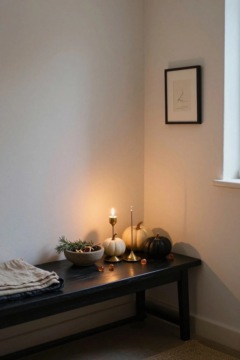 Gold-framed oval mirror above a floating white marble shelf holding a gold tray with small orange and white pumpkins and a perfume bottle, with a beige velvet pouf stool below in a light beige room with sheer curtains.