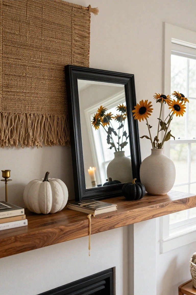 Corner home office with wooden bookshelves holding books, framed botanical prints, glassware, and clusters of white pumpkins, beside a green desk with tan leather chair, brass lamp, and a single white pumpkin.