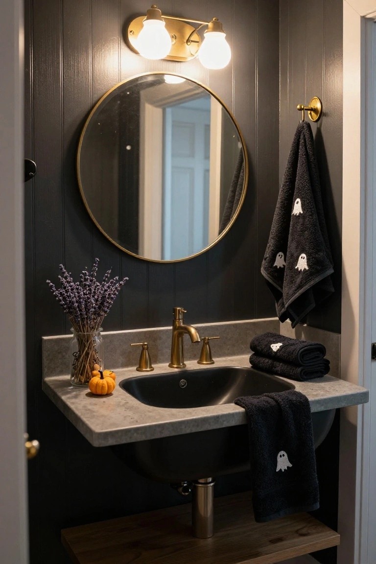 Floating wooden vanity with white marble top and black faucet in a bathroom corner, topped with two small white pumpkins, a glass vase of black eucalyptus leaves, gold round mirror, gold sconce, and white towel draped on pull.