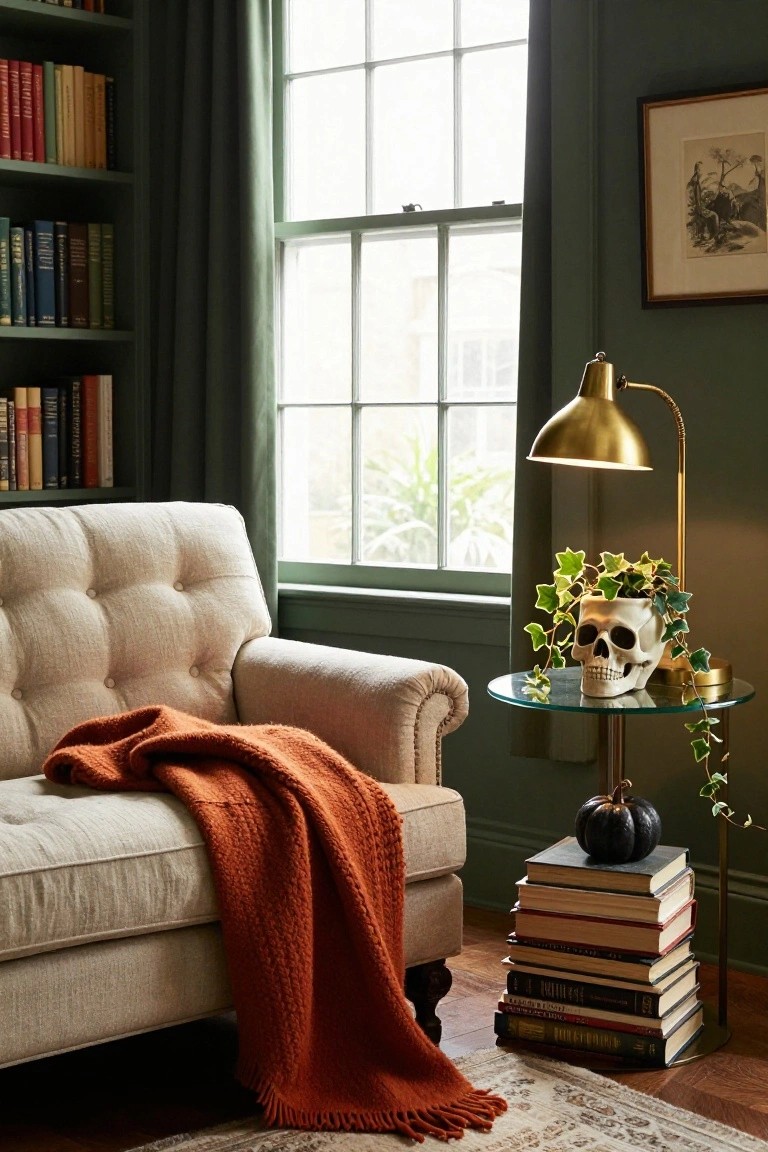 Wooden crib with rattan conical canopy and white lace-edged drapes in a light nursery room with bookshelves, toys, white shag rug, and large knitted orange pumpkin on floor.