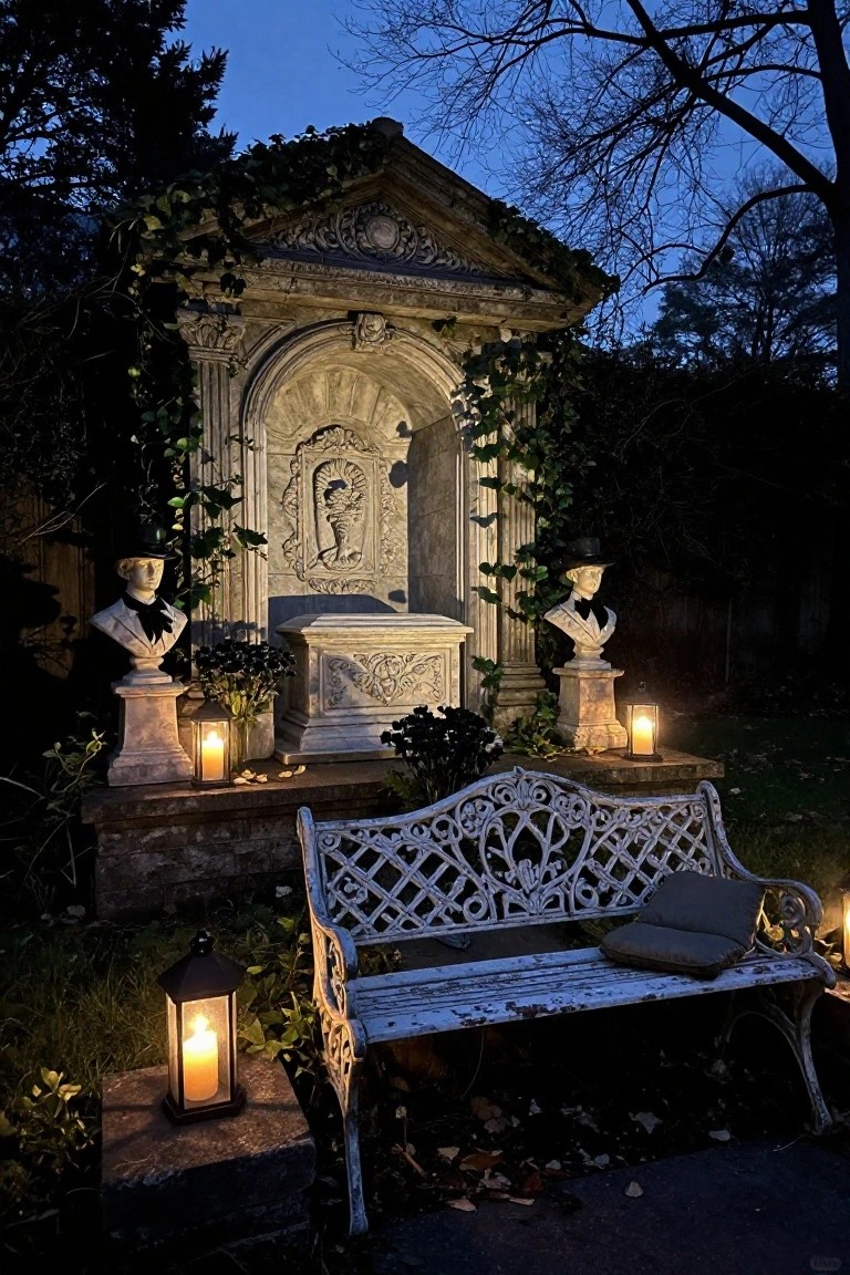 Grassy backyard with a central metal fire pit surrounded by orange floor cushions, Halloween decorations including jack-o-lanterns, skull faces on posts, string lights, potted plants, and a wooden shelter with a large moon cutout in the background.
