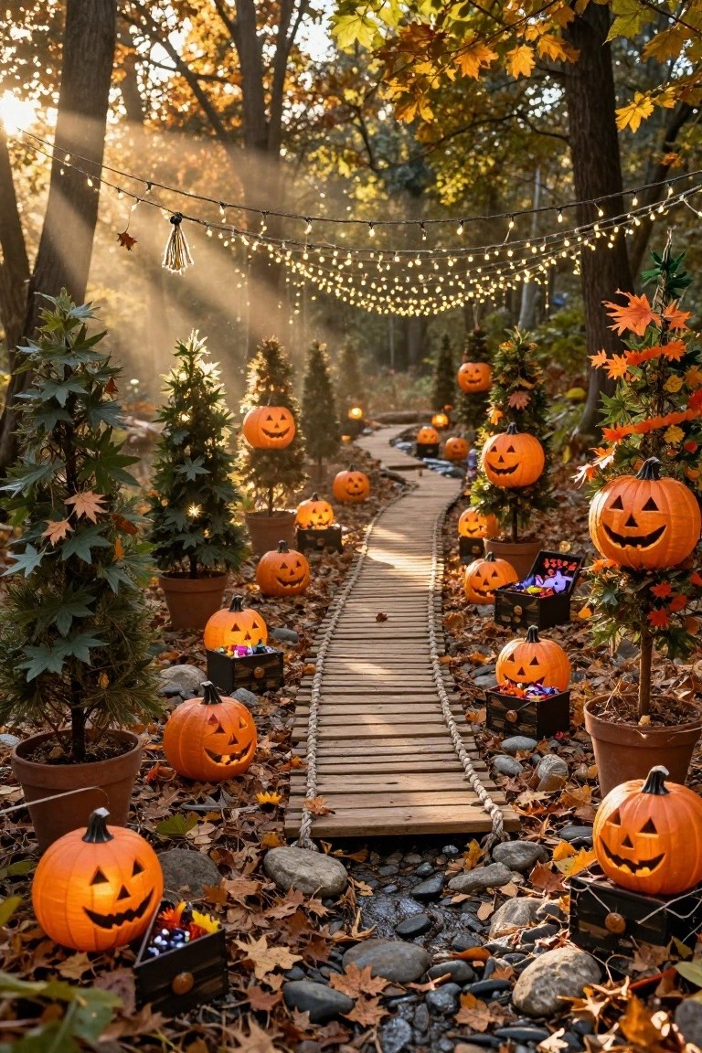 Courtyard fountain with tiered stone basin filled with water and floating orange pumpkins, carved jack-o'-lanterns placed on tiers and edges, surrounded by potted lavender and succulents against blue tiled walls lit by wrought-iron lanterns.