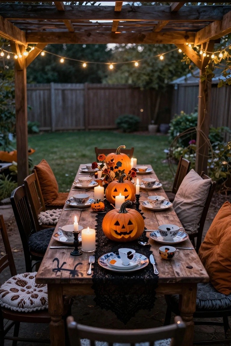 Wooden dining table outdoors under a pergola strung with lights, set with carved jack-o-lantern pumpkins, candles, teacups, plates, and pillows on chairs in a backyard at dusk.