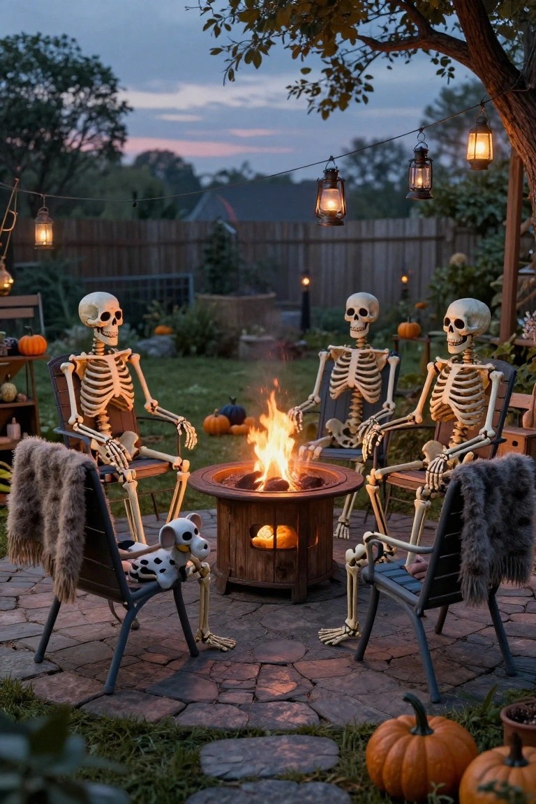 Wooden crates stacked as shelves on a porch holding pumpkins, jack-o-lanterns, faux skulls, gourds, jars with dried plants, metal buckets of flowers, and a standing skeleton figure, with a rural field background.