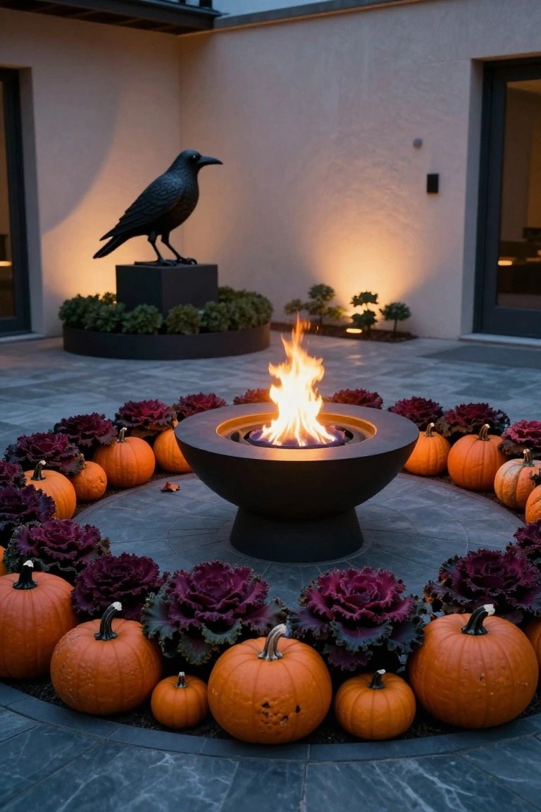 Rainy greenhouse interior decorated for Halloween featuring a black shelf with mason jars filled with pebbles, spices, and plants, a carved jack-o-lantern pumpkin on top, additional pumpkins and potted succulents below, botanical prints on walls, fairy lights, and ground mist.