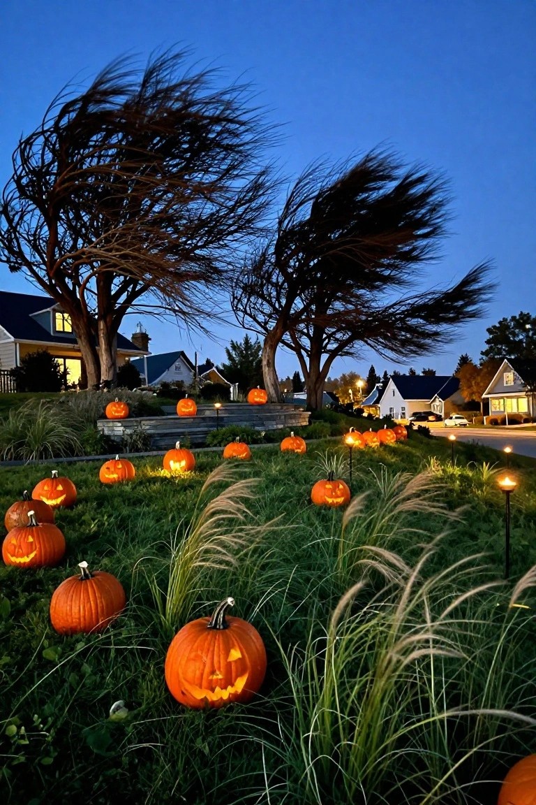Stone balustrade on an outdoor terrace lined with carved orange pumpkins, white pumpkins, and small decorative pumpkins, with metal lanterns, potted ferns, cafe chairs, a draped blanket, and a background tree wrapped in string lights at dusk.