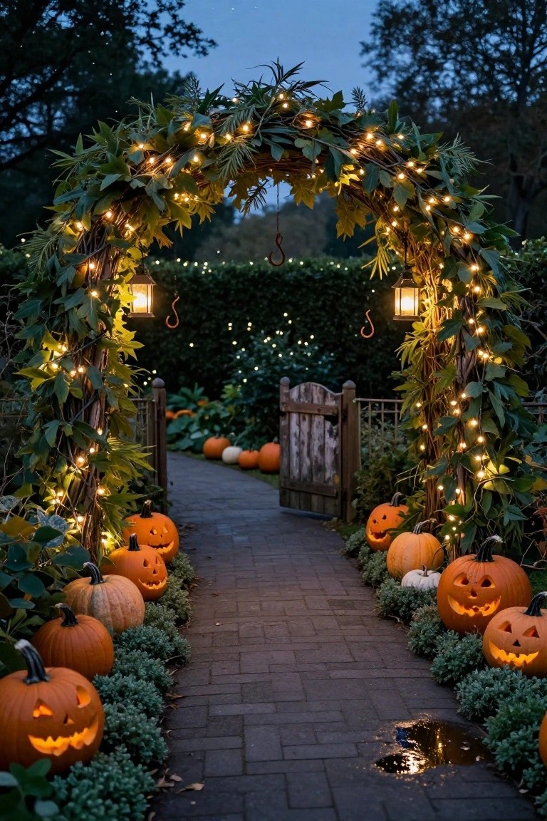 Modern house exterior featuring a black wooden side gate and garage door flanked by large orange pumpkins on tall black pedestals, with another carved pumpkin reading HLX on a black base along a dark stone pathway edged in LED lights, ornamental grasses, and gravel ground cover.