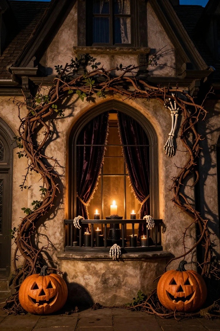 A two-story brick house exterior at night with a projector casting large shadows of ghosts, hands, and bats on the walls, bat cutouts on windows, string lights in the yard, and white flowering bushes in front.