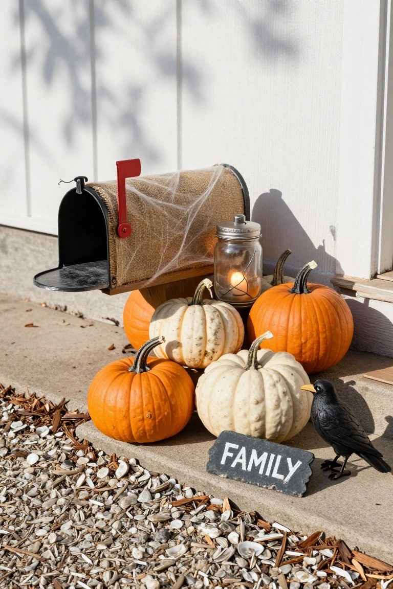 Stacked hay bales with carved orange pumpkins, lanterns, and a wheelbarrow of gourds and pumpkins in a front yard Halloween display, featuring a wooden
