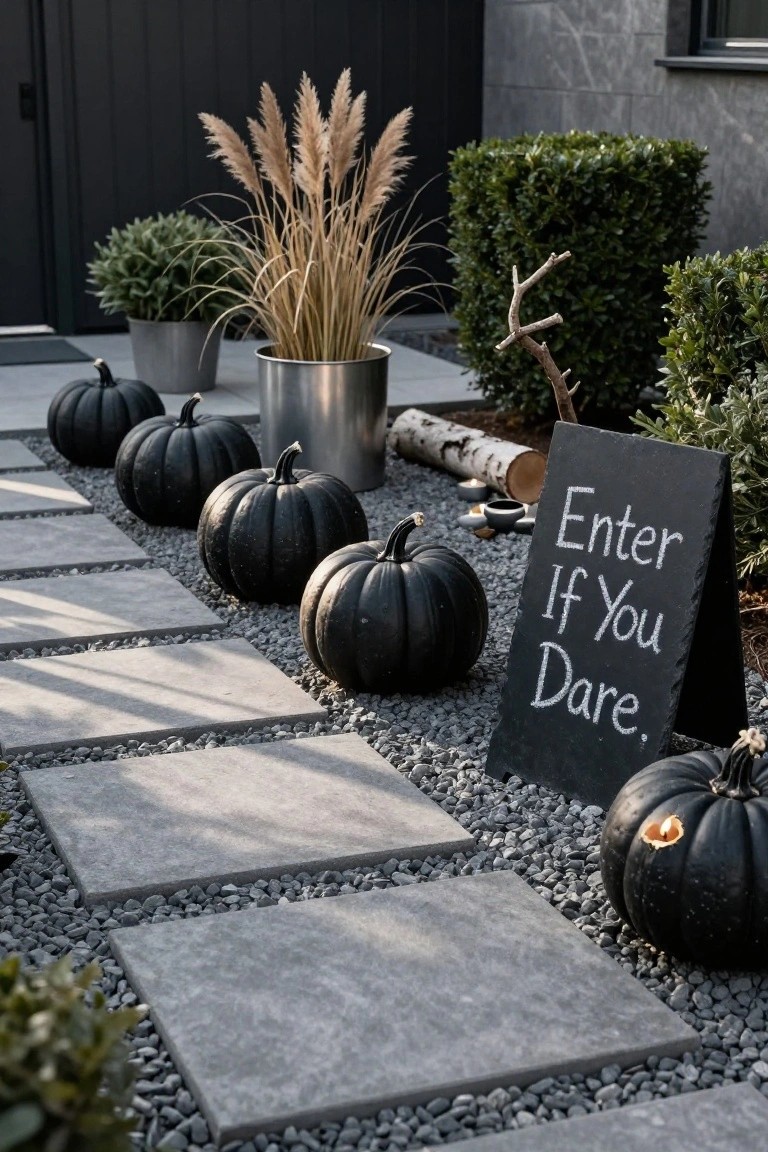 Tall vertical stack of orange pumpkins in a metal ring planter with greenery at the base on a stone patio flanked by two linear fire pits, potted plants, and a wooden pergola with string lights in the background.