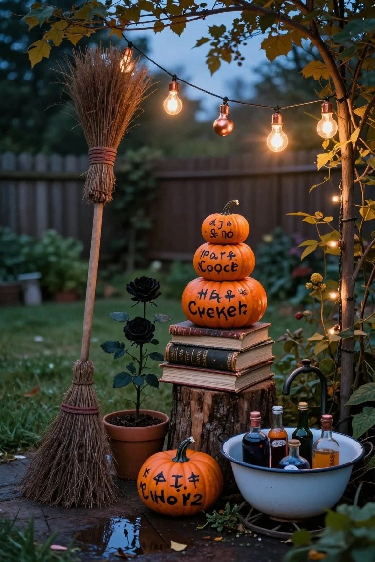 Wooden ladder leaned against ivy-covered fence holding glass bottles, flasks, and jars beside a lit wall lantern, with gravestones and pampas grass along a stone garden path at twilight.