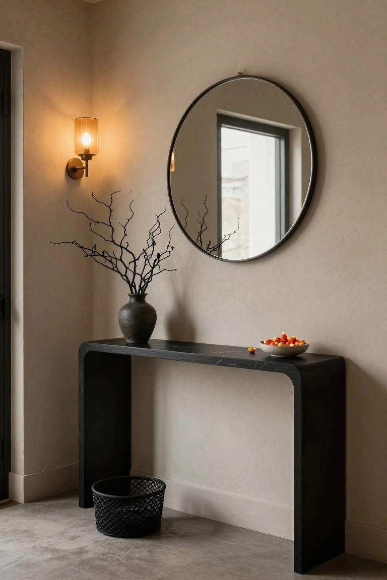 Beige entryway corner with curved matte black console table topped by black ceramic vase of twisted dark branches and gray bowl of orange candy corn, large round black-framed mirror on wall, amber wall lamp lit, black woven basket on concrete floor.