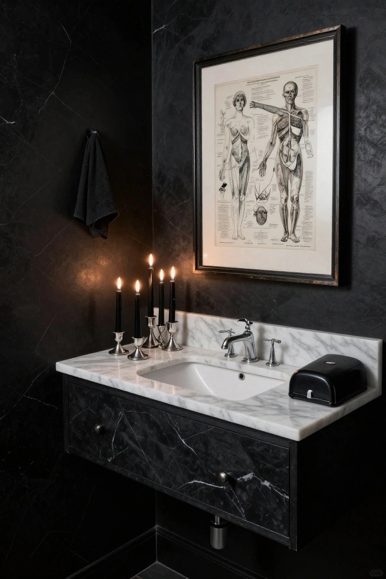 Close-up of a black marble bathroom vanity with white sink, chrome faucet, black soap dispenser, lit black candles in silver holders, hanging black towel, and a framed vintage anatomical drawing of male and female figures on the textured black wall.