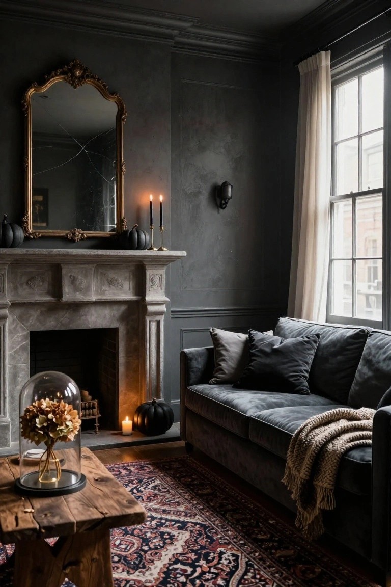 Dark gray living room with ornate gold mirror and black pumpkins on a stone fireplace mantel, velvet sofa with pillows and throw blanket, wooden coffee table under glass dome with dried flowers, candles, Persian rug, and window with white curtains.