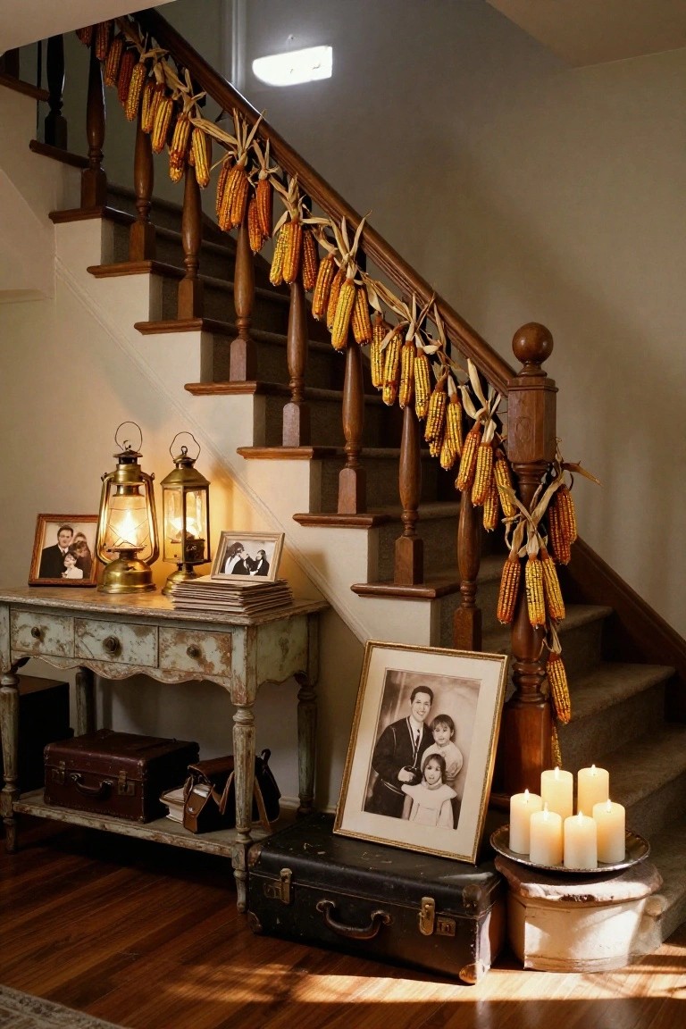 Wooden staircase with cornstalks and corn ears draped along the banister, next to a distressed green table holding brass lanterns, black-and-white framed photos, leather suitcases, books, and white pillar candles on a saucer.